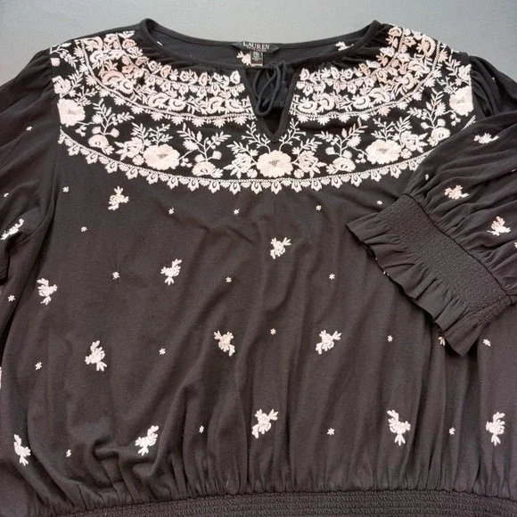 Lauren Ralph Lauren Top 2XL Peasant Embroidery Oaxaca Black White‎ Cottage Core - Picture 2 of 9